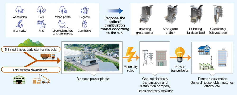 Mechanism of biomass power generation and types of fuel. The diagram shows various fuel sources such as wood chips and bagasse, the optimal combustion models proposed by TAKUMA, and the flow of electricity from biomass power plants to households and factories.