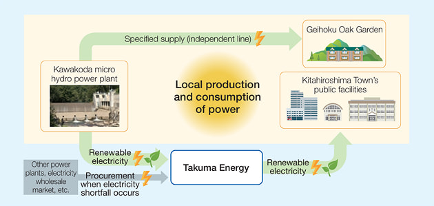 Conceptual diagram of local electricity production and consumption using small-scale hydroelectric power