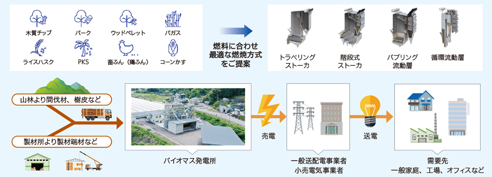 多種多様なバイオマス燃料を活用したバイオマスプラントの提供イメージ図