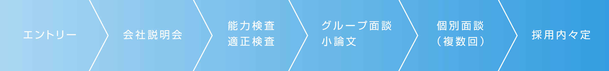 エントリー > 会社説明会 > 能力検査・適正検査 > グループ面談・小論文 > 個別面談（複数回） > 採用内々定